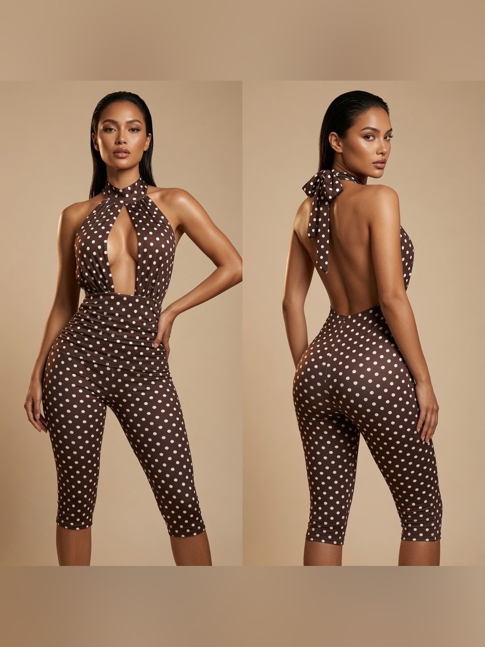 Polka Dot Halter Open-Back Jumpsuit - Brown